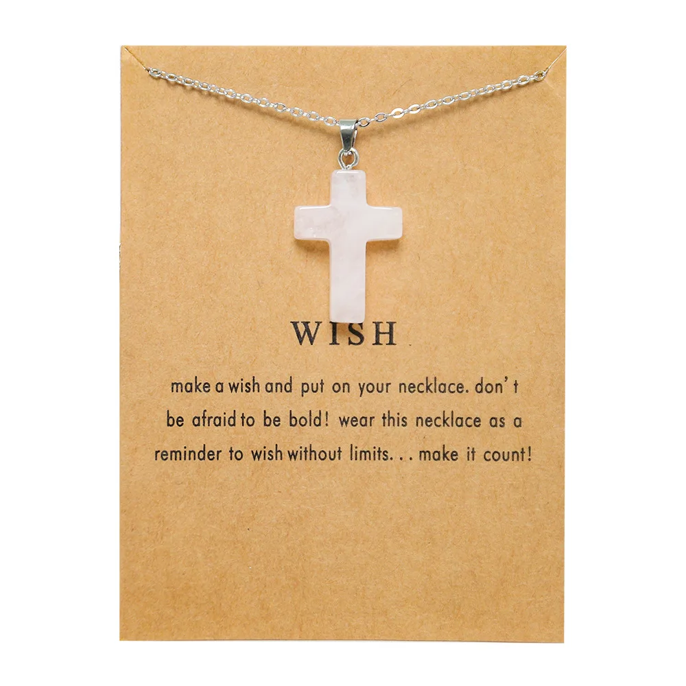New Trendy Fashion Alloy Silver Color Wish Card Glass Natural Stone Cross Pendent Necklace for Women Girl Gift Birthday Jewelry