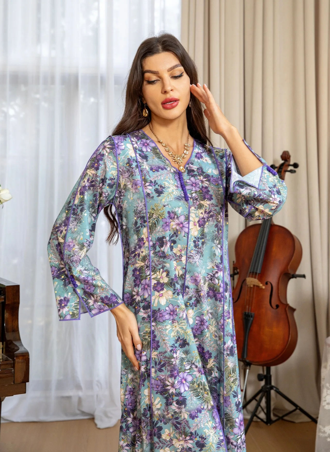 Jalabiya Kaftan Ramadan Eid Dubai Abaya Islam Muslim Dress Kebaya Prayer Clothes Floral African Dress Women Kaftan Robe Vestidos