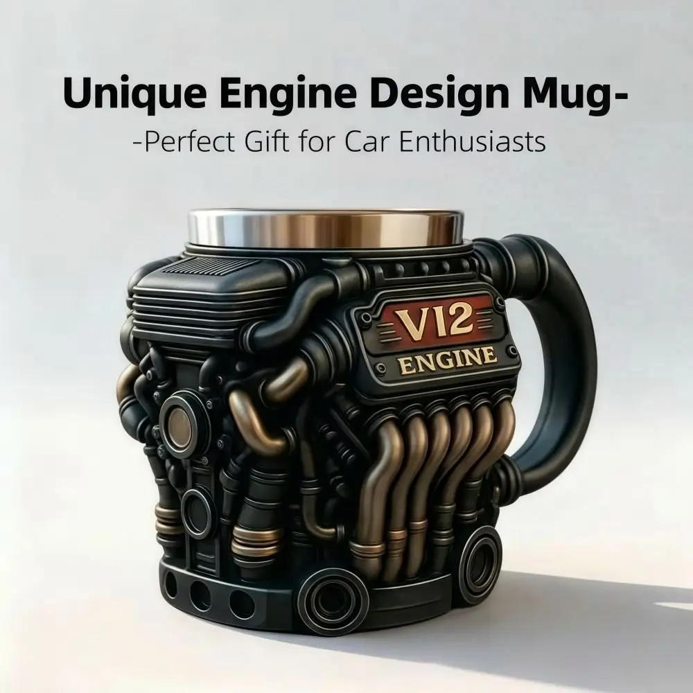 Retro Engine Coffee Mug with Handle Double Wall V12 Engines Stainless Steel Cup 200ML Realistic Design Insulation Car Mug