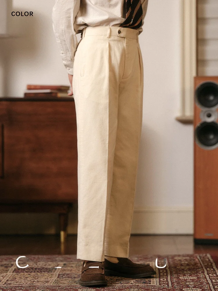

Cultum Men's Pure Cotton Corduroy Suit Pants Single Pleat Casual High Waist Straight Leg Long Trousers Autumn Busin Leisure