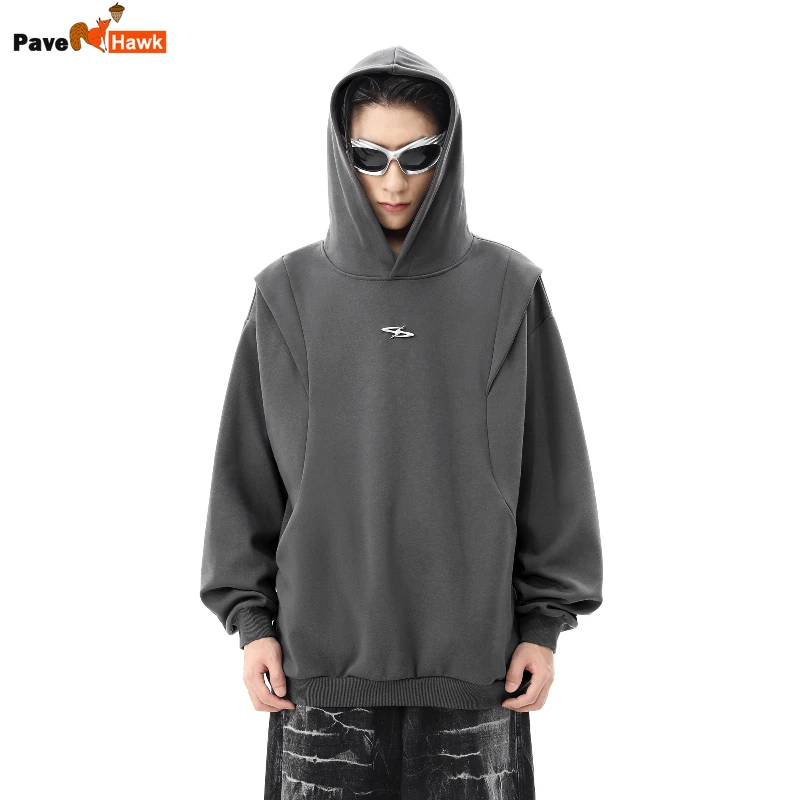 

New American Hoodie Mens Trend High Street Splicing Solid Colors Hooded Sweatshirt Metal Tag Decoration Loose Couple Pullover