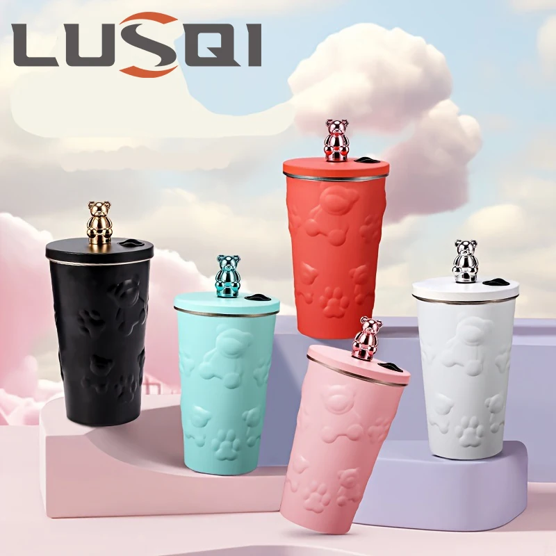 LUSQI 600ML Wasserflasche Thermoskanne Edelstahl mit Strohhalm Niedliche Outdoor-Thermosflasche für Kaffee Tee
