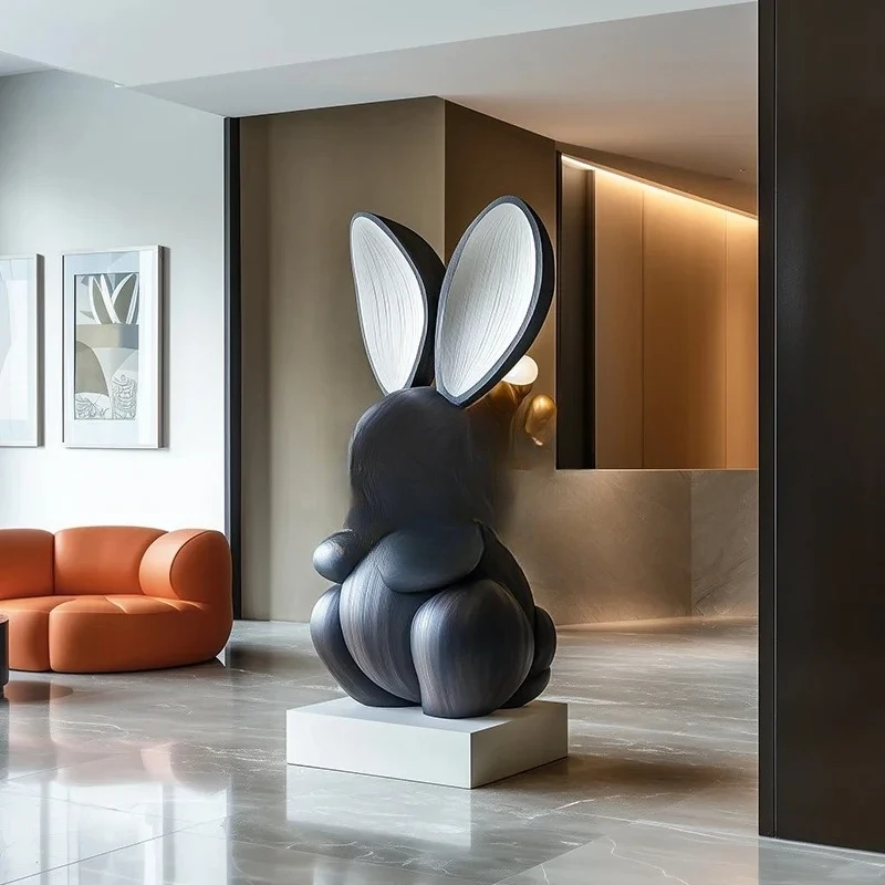 A  FG44Hotel lobby creative abstract rabbit solid wood sculpture ornament floor decoration art installation