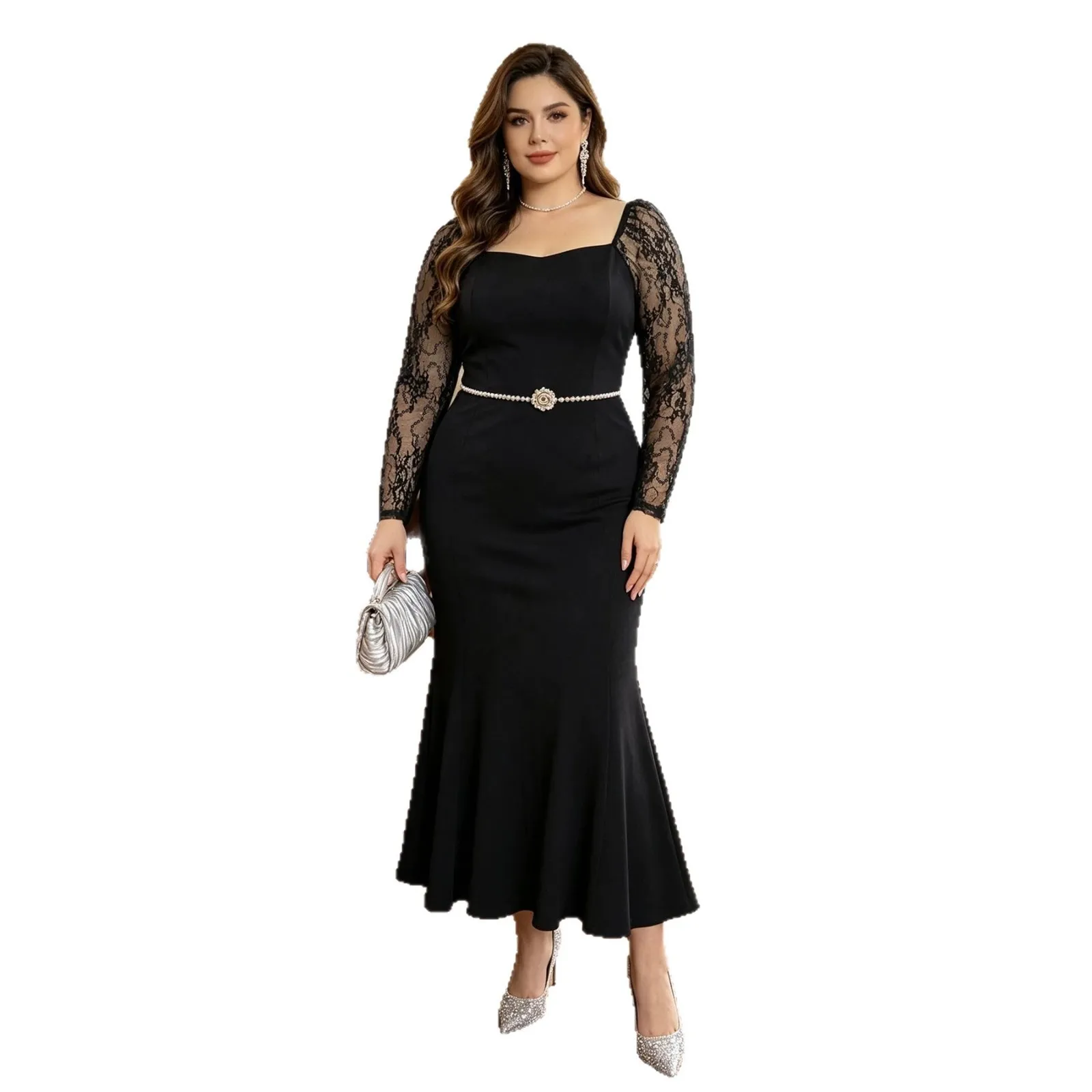 Long Sleeve Square Neck Gown Mermaid Elegant with Back Zipper Maxi Length Autumn Private Celebrity Style Party Dress for Women