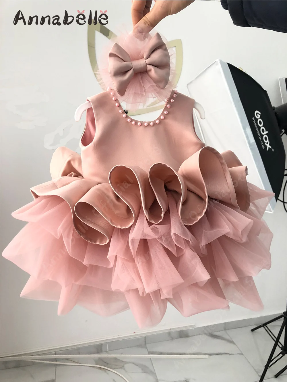 Annabelle Sleeveless Wedding Chic Pearls Bow Ceremony Flower Girl Junior Easter Spring Summer Girl Birthday Perfermance Custom