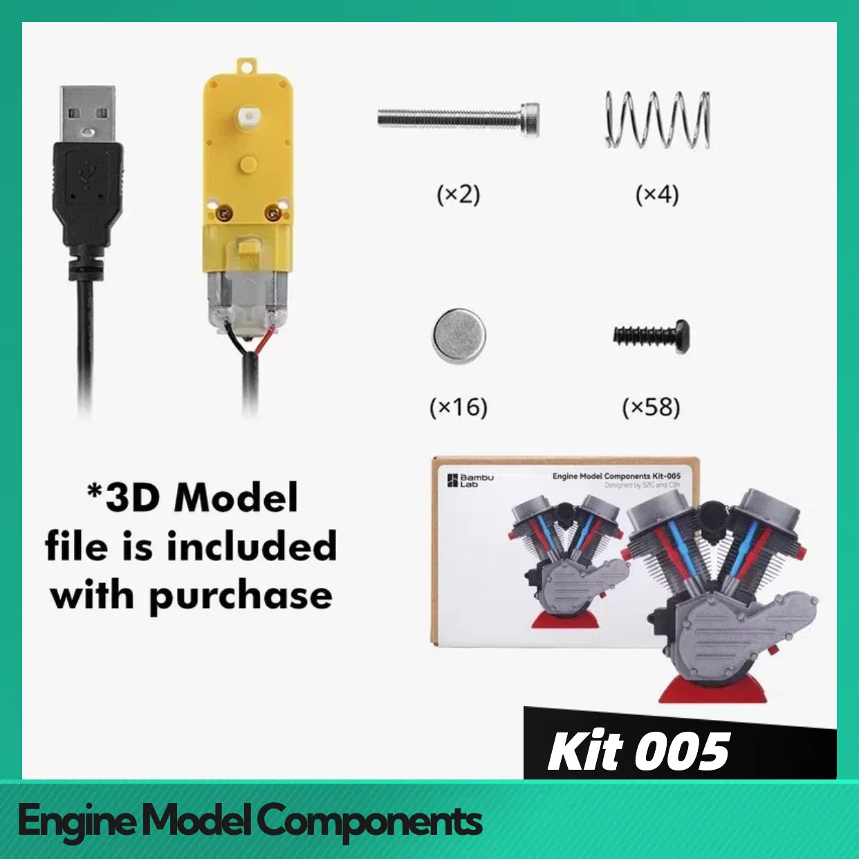 Kit de composants de modèle de moteur pour laboratoire Bambu, moteur imprimable en 3D, fabricant de Bambu, programme de créateurs mondiaux, 005