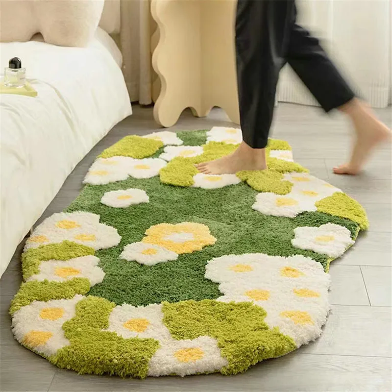 Nordic Lawn Moss Bedroom Carpet for Living Room, Non-slip Bedside Area Rugs, Bathroom Irregular Floral Floor Mat, Home Decor