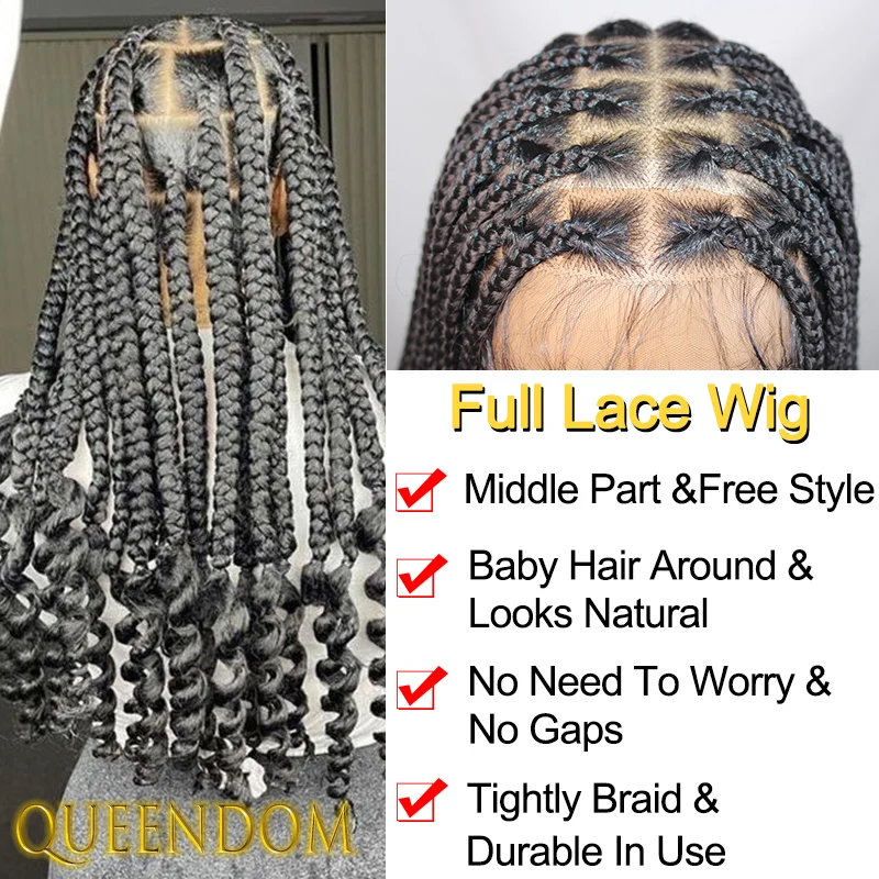 18 Inch Synthetic Cornrow Plait Braid Wig Full Lace Crochet Box Braided Wig Handmade French Curl Braids Wig with Wave Curly Ends