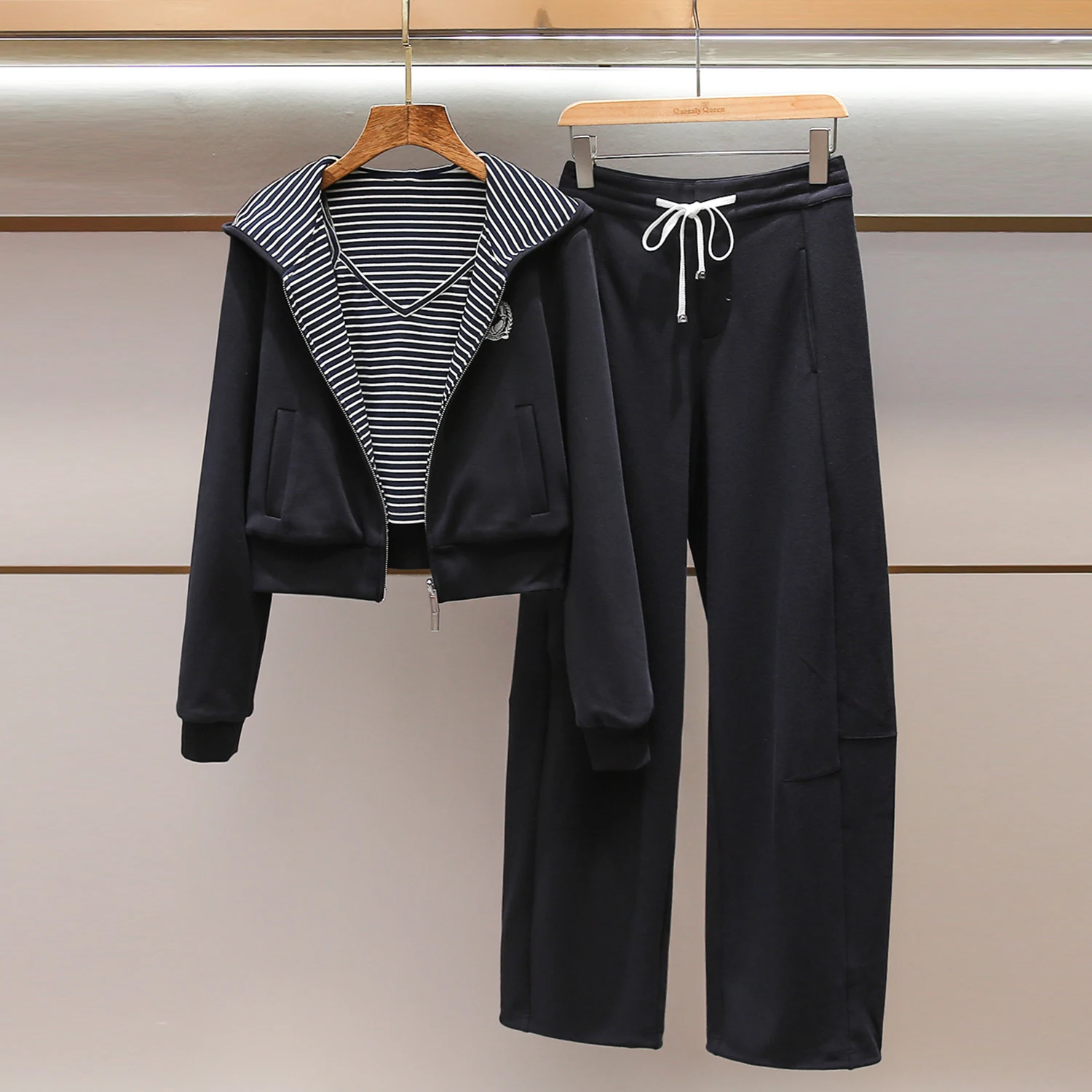 

High-End Women's Spring 2026 Striped Crop Top Hoodie ort Jaet Long Pants Set Casual Sle Zipper Closure High Waist