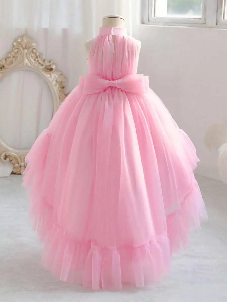 XUNBEI-Robe de demoiselle d'honneur rose pour tout-petits, style licou, volants impeccables, robe traînante en tulle, corsage froncé, silhouette volante