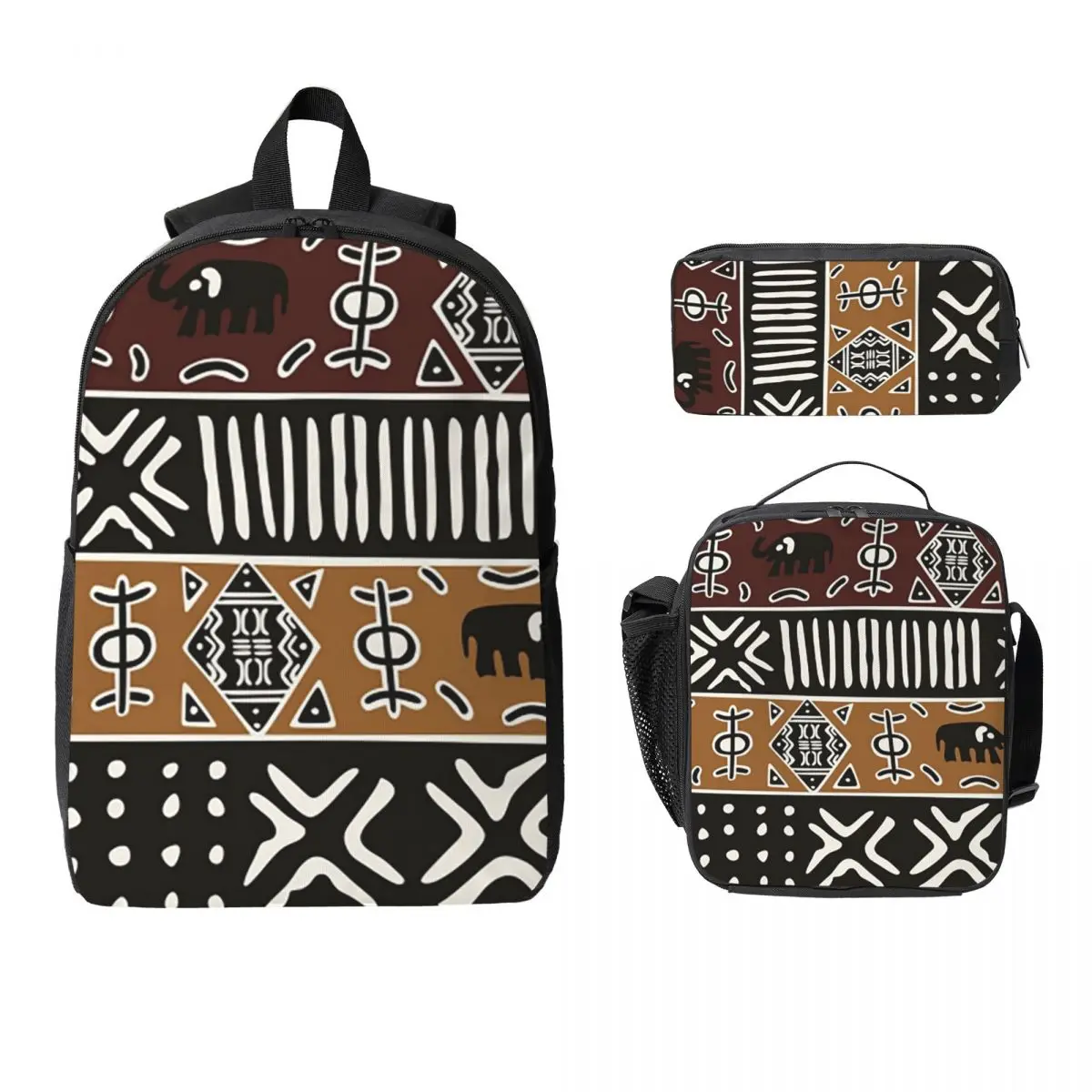 

African Mud Cloth With Elephants Backpack Boys Girls BookBag School Bag Laptop Shoulder Bags 3ps Insulated Lunch Bag Pencil Case