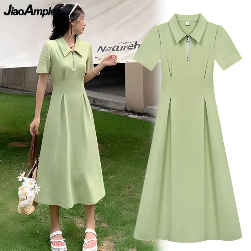 Women Summer Fashion Polo Dress 2024 Sporty Style Pure Color Short Sleeve Dresses Korean Lady Graceful Slim Green Clothing