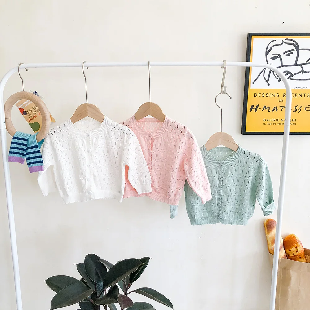 2026 Spring/Summer Colorful Plain Cardigan Sunscreen Air Conditioner Long-Sleeved Knitted Open-Weave Coat Children's Clothing