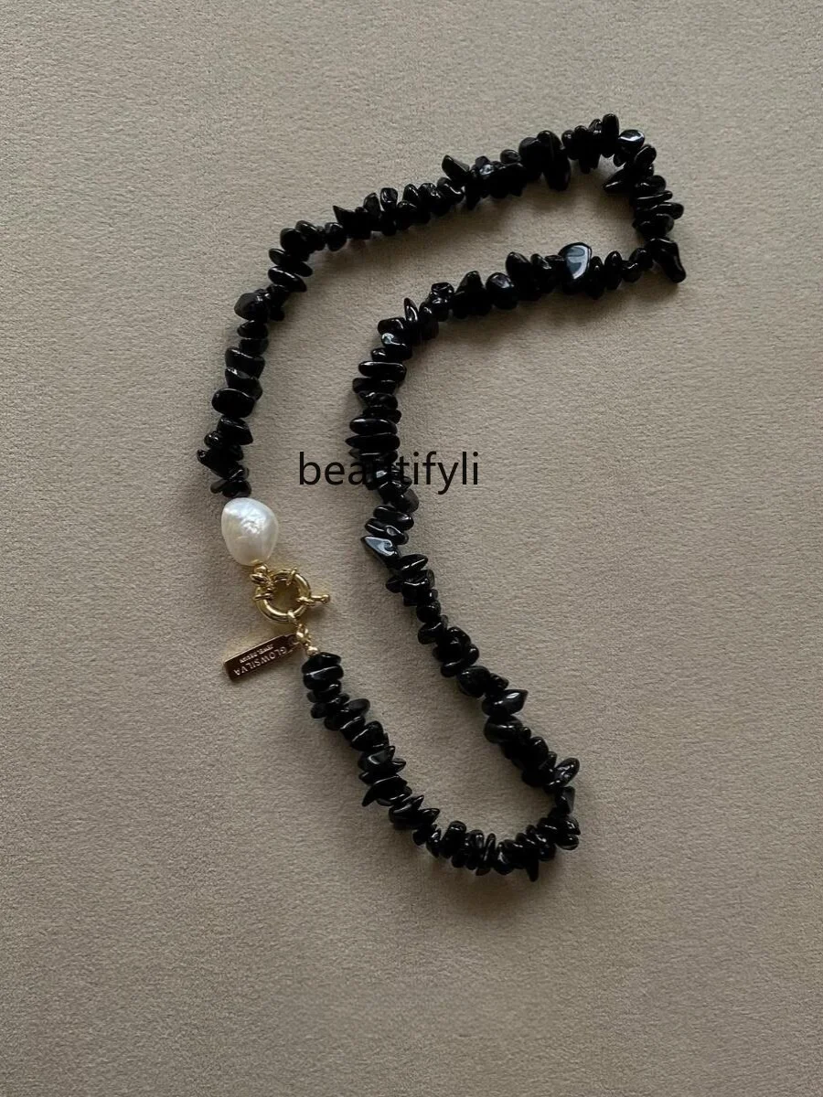 Irregular natural black agate beaded pearl necklace, high-end exquisite temperament design, unique collarbone chain