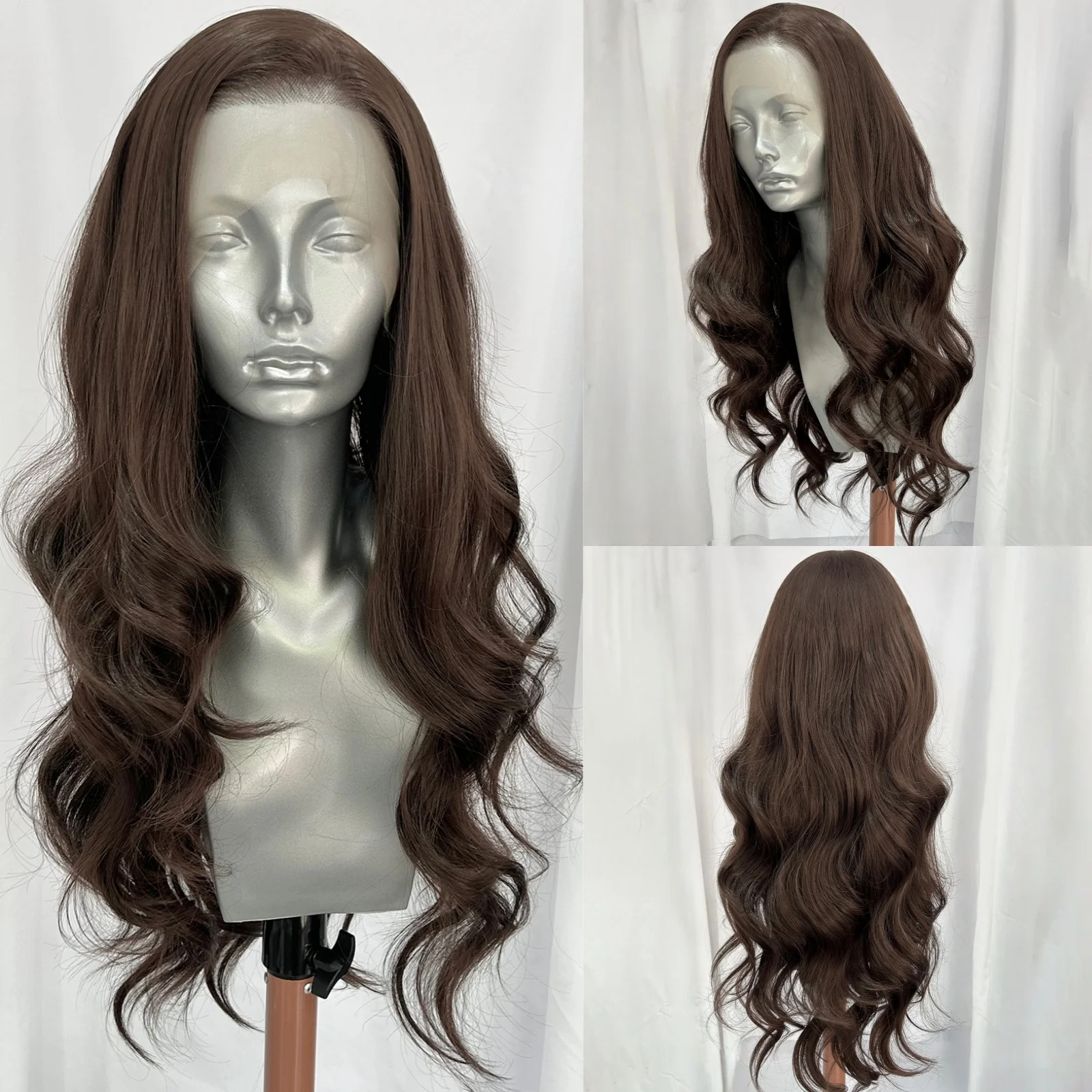 Brown Long Body Wave Synthetic Lace Front Wigs for Women Free Part Chocolate Dark Brown Natural Curly Wavy Cosplay Daily Wig