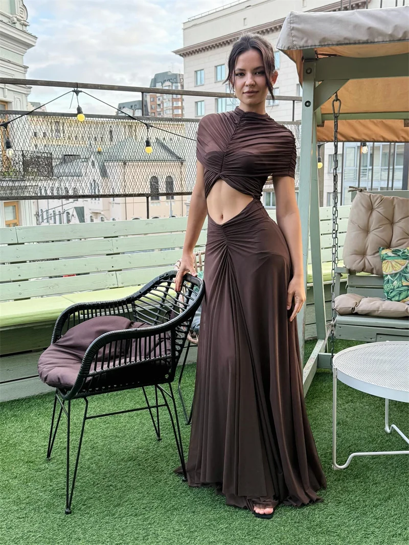 Vestido elegante Retro ahuecado de manga corta para mujer, vestido Sexy a la moda con cuello redondo y cintura alta fruncido, vestido largo ajustado para fiesta y discoteca para mujer