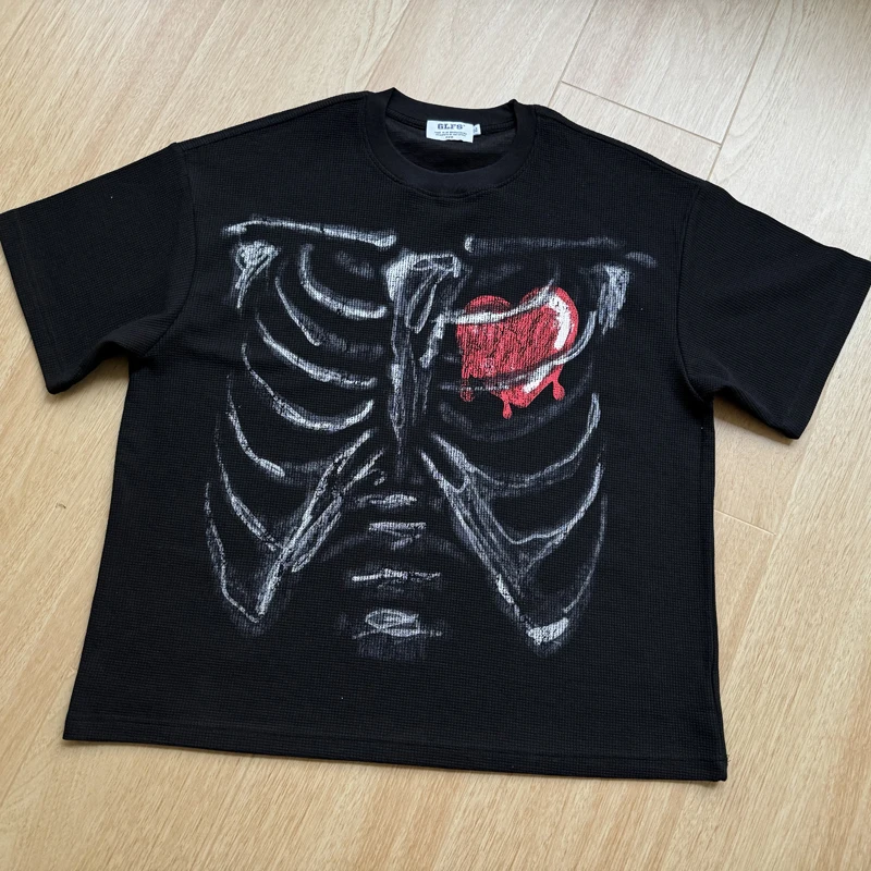 Waffle Fabric Skeleton Red Heart Print T Shirt Black Apricot Short Sleeve Men Women Quick Dry Breathe Casual Loose T-shirt Tops