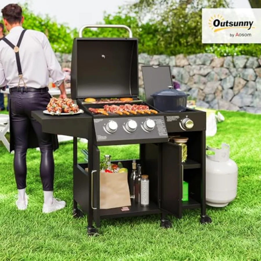 3 Burner Gas Grill with Side Burner and Shelves for outdoor cooking, stainless steel, black, 9.5 KW high output