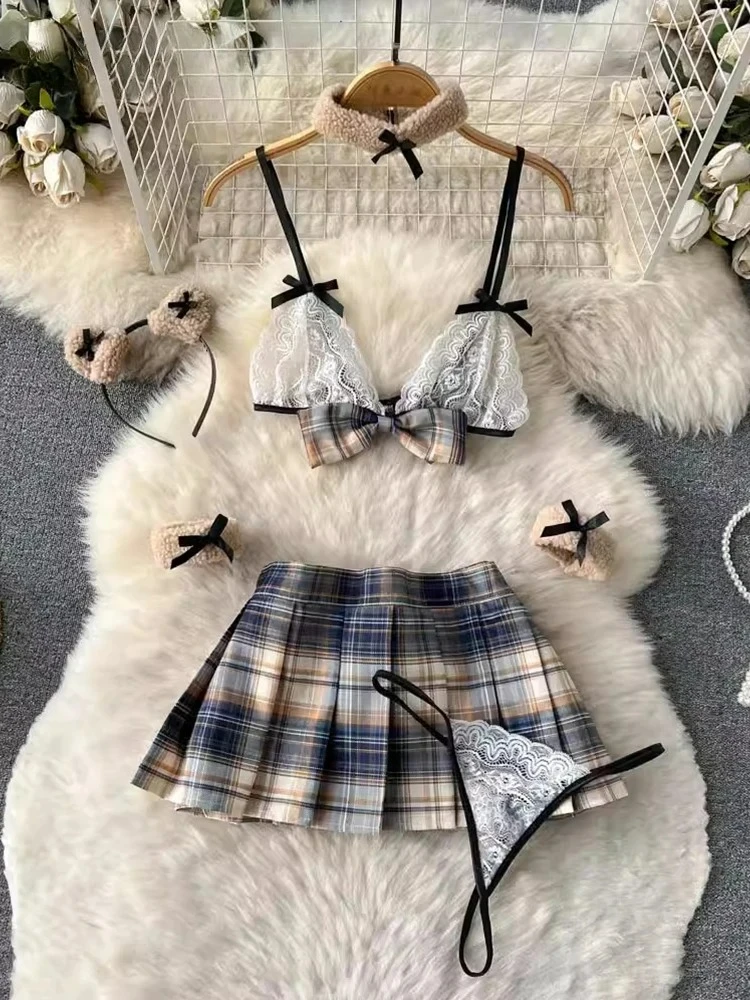

Women Sexy Pleated Skirts Suits Lace Bra Brief Plaid Mini Skirt Preppy Style Ins Hotsweet Erotic Pajamas 5 Pieces Sets