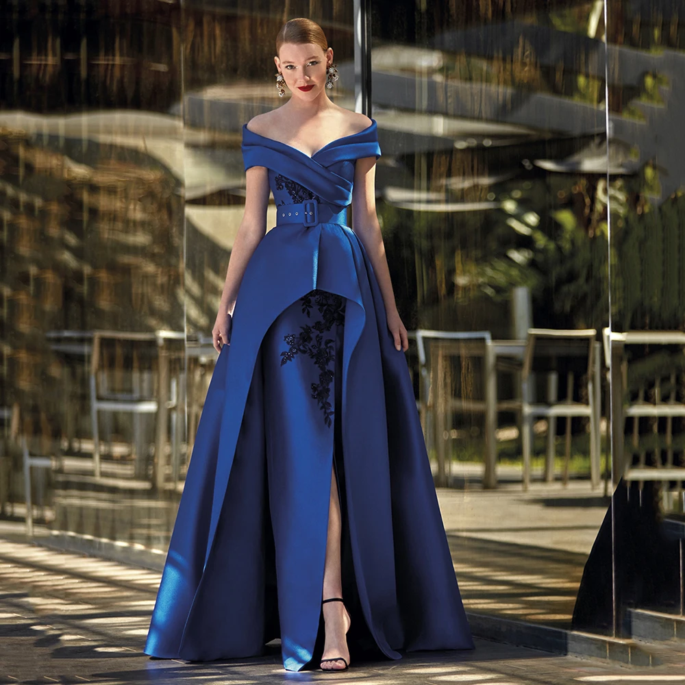 Glamorous Royal Blue Evening Dresses Off The Shoulder Satin Sweetheart High Slit Prom Party Formal Gowns With Belt Appliques