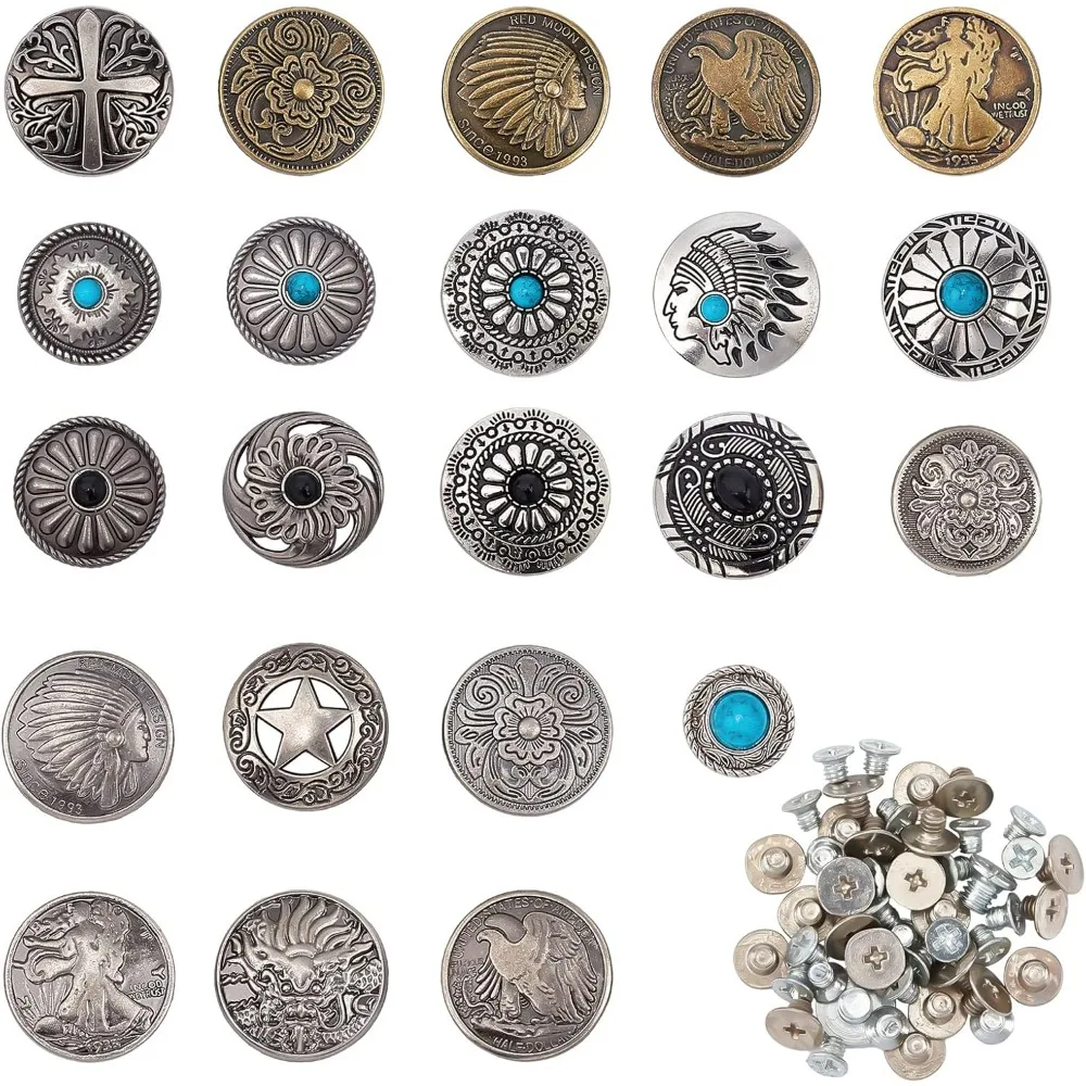 22Pcs 22Styles Screw-on Antique Silver Turquoise Arabesque Indian Dragon Pentagram Cross sakuras Leather Craft Wallet Crafts