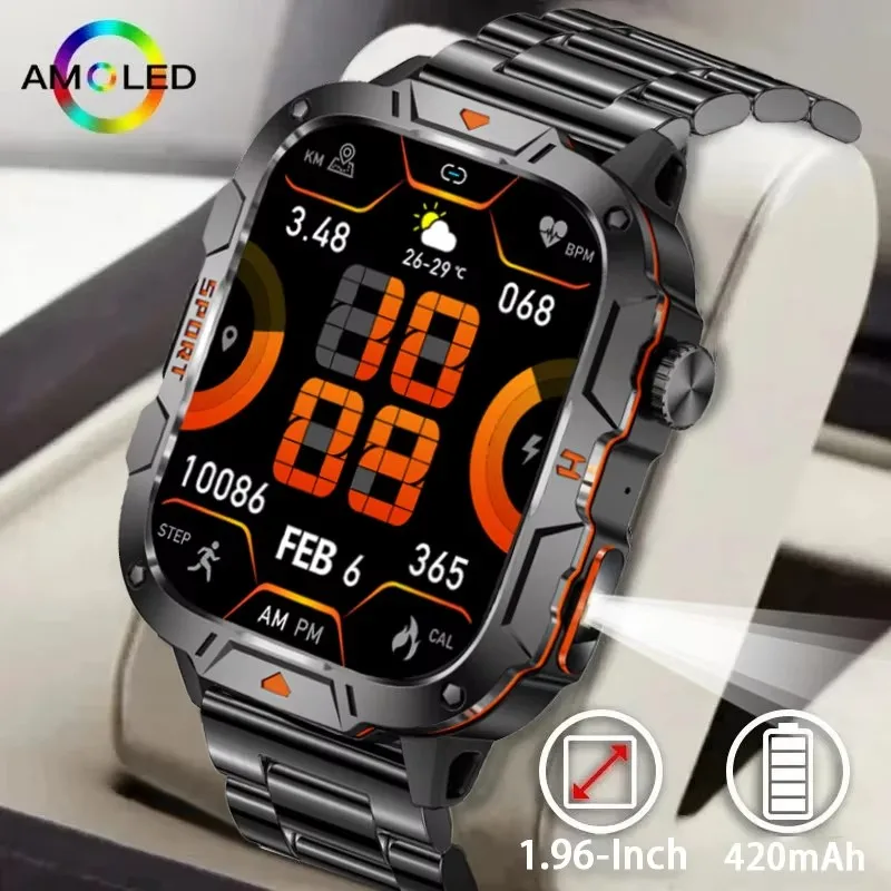 2025 جديد العسكرية في الهواء الطلق ساعة ذكية 3ATM مقاوم للماء 1.96 "AMOLED شاشة لمس كاملة لتحديد المواقع الرياضة مصباح ليد جيب لشاومي IOS الرجال