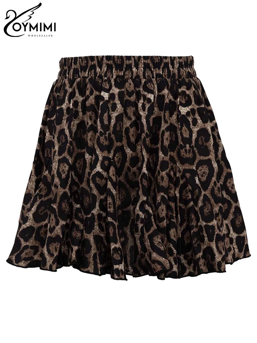 Oymimi Fashion Brown Leopard Print Skirts For Women Casual New High Waisted Pleated Skirts Elegant Slim Mini Skirt Streetwear