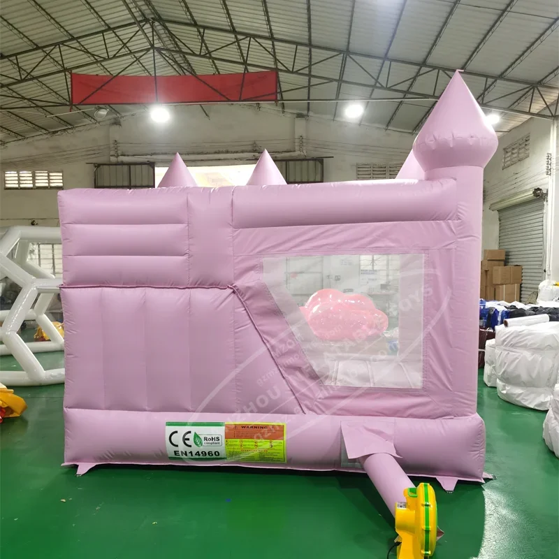 Castillo hinchable de salto comercial, combinación inflable rosa pastel, tobogán de casa de rebote blanco con soplador de aire