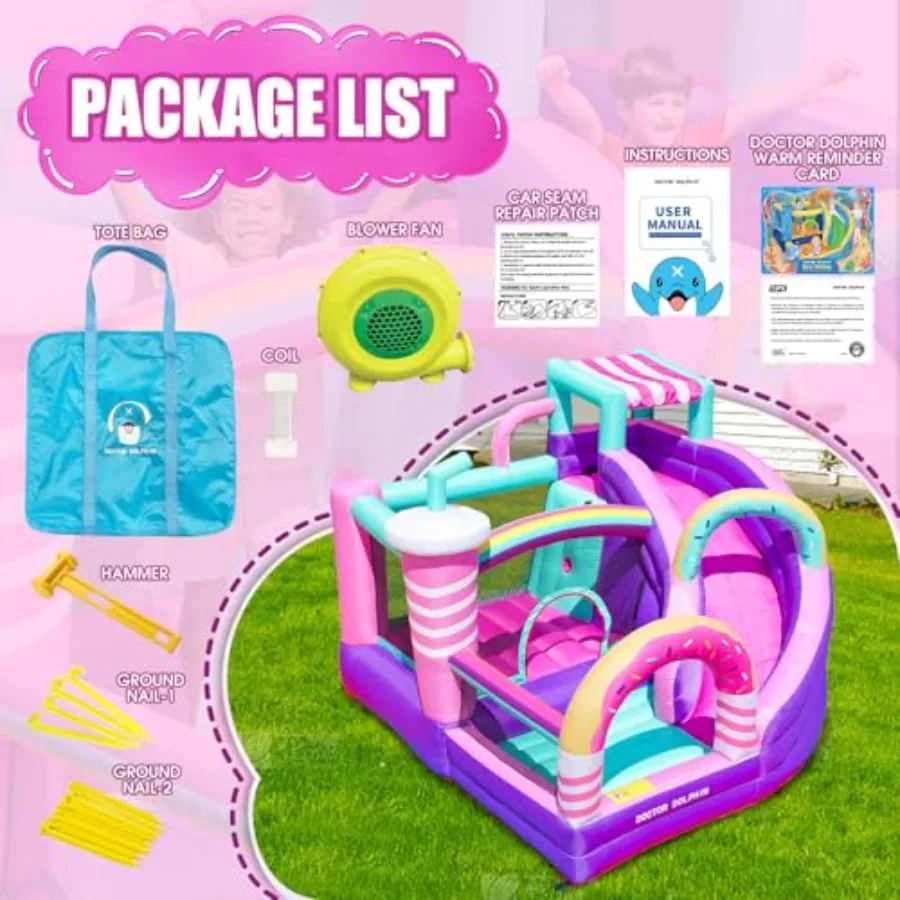Casa de rebote inflable con tobogán, castillo de rebote, castillo inflable para interiores y exteriores, área de juego multifunción con pared trepadora, rosa a