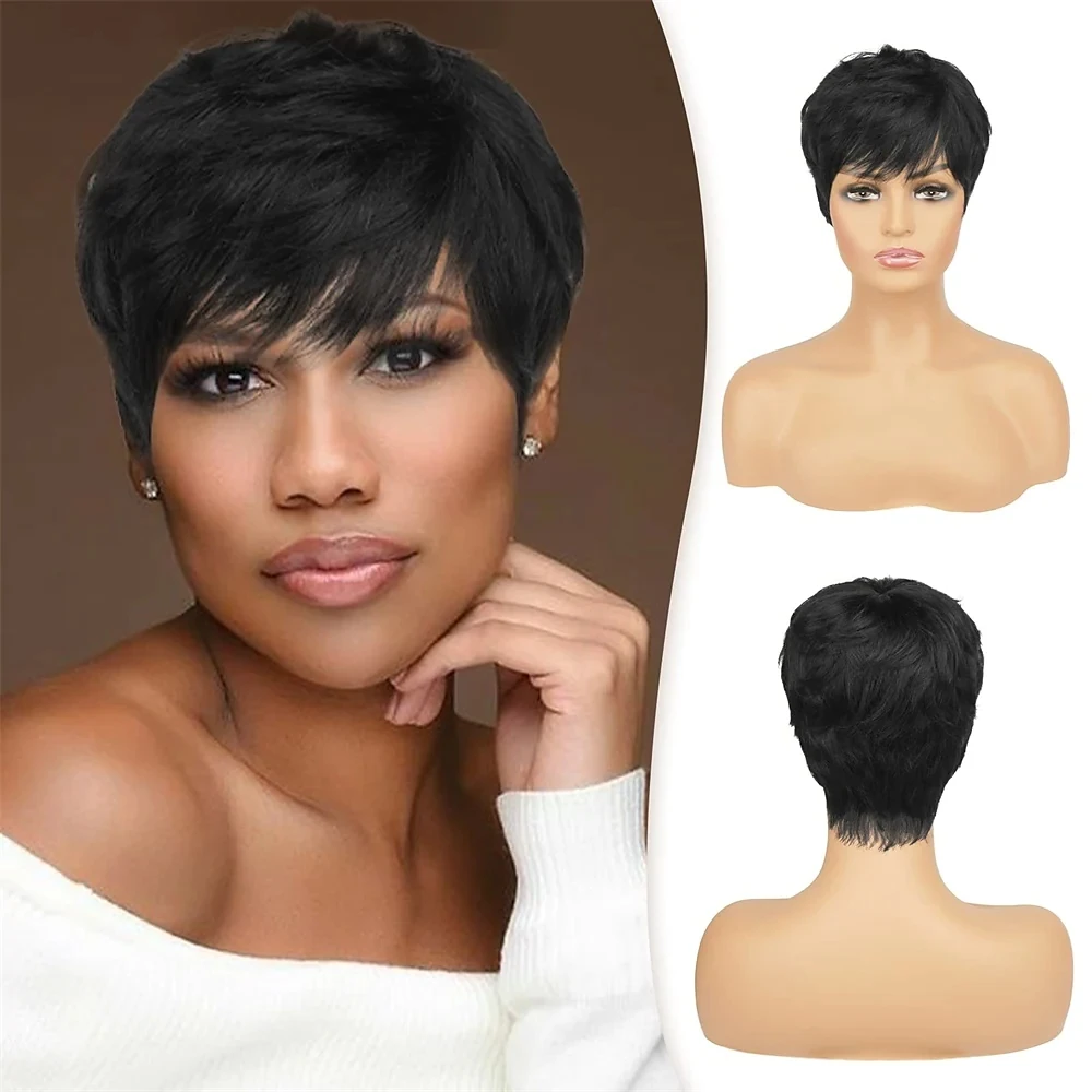 

Pixie Cut Wig Human Hair Wigs 100% Human Hair Wig with Bangs Natural Short Black Wig Layered Wavy Wig for Women