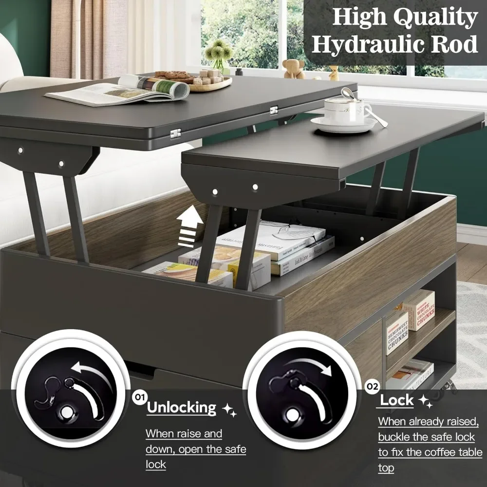 Table basse relevable avec compartiment de rangement GNE, tables centrales 3 en 1 avec roues, table à manger pliante multifonctionnelle