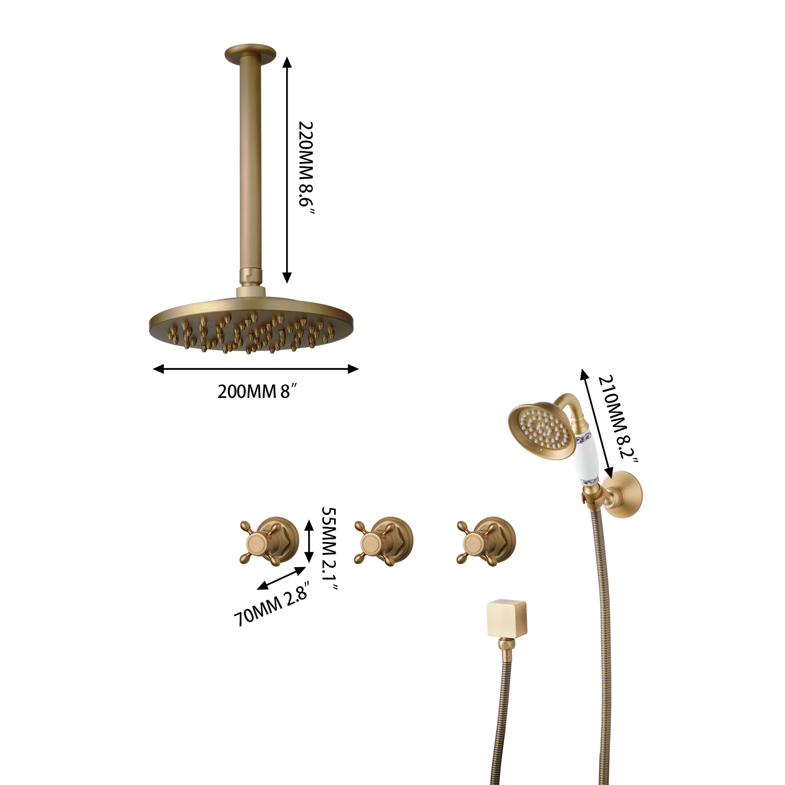 OUBONI Antique Brass Bathroom Shower Faucet Set With Rainfall Square Shower Head And Top-Spray Hot Cold Faucet Water Mixer Taps