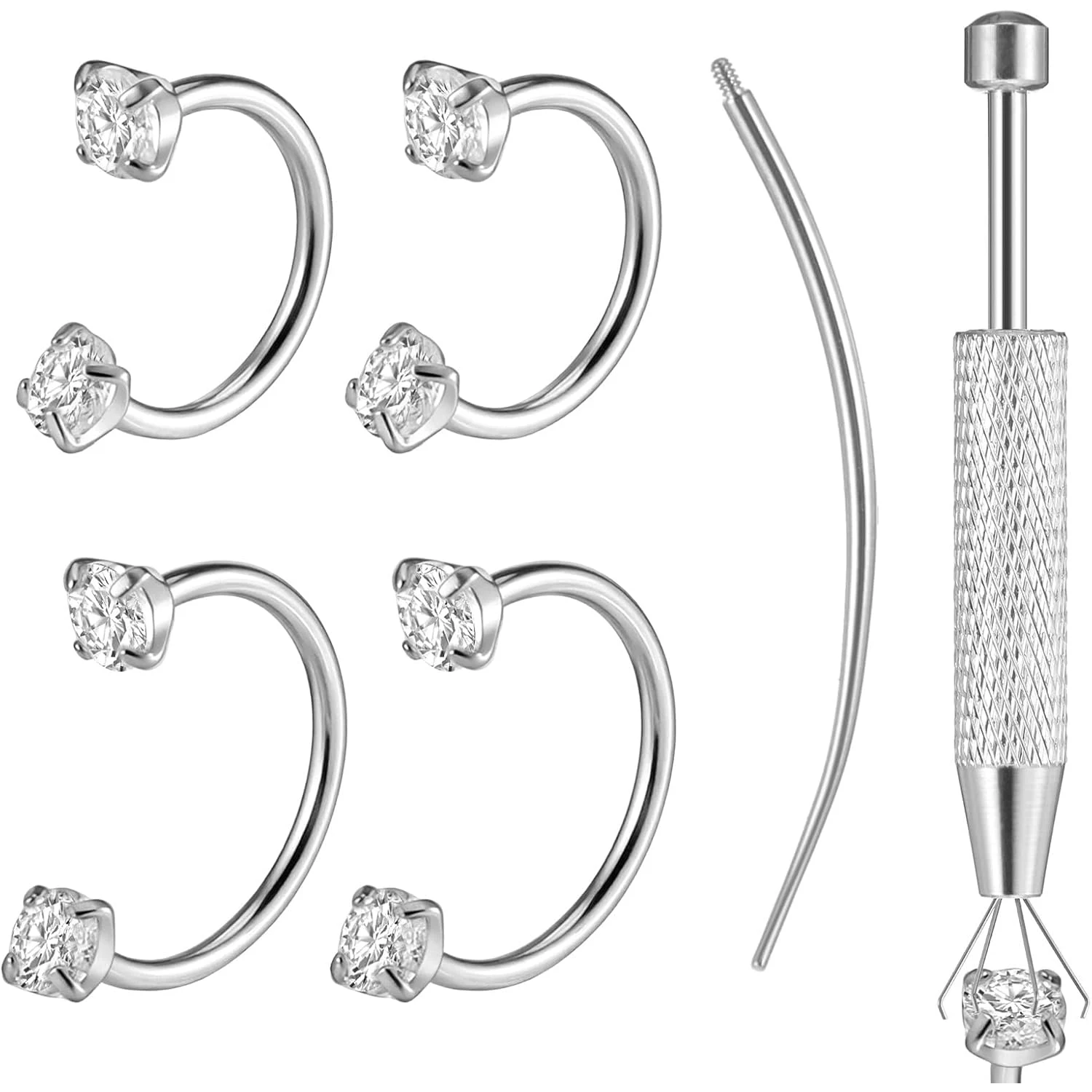 18G Horseshoe Nose Ring 8mm 10mm Double Gem Cartilage Lip Jewelry with Internal Threaded Piercing Taper and Bar Grabber Tool
