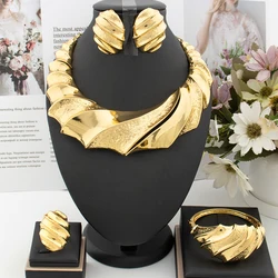 Dubai Gold Color Collar Necklace Earrings Bangle Ring Jewelry Set For Women African Luxury Jewellery Party Wedding Accessories