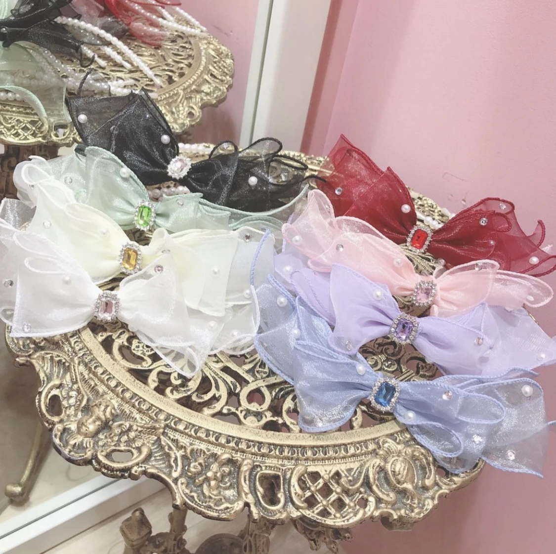 

Original Japanese Sweet and Cute Lady Beaded Hot Diamond Yarn Big Bow Princess Headband Soft Girl Lolita Hair Accessories