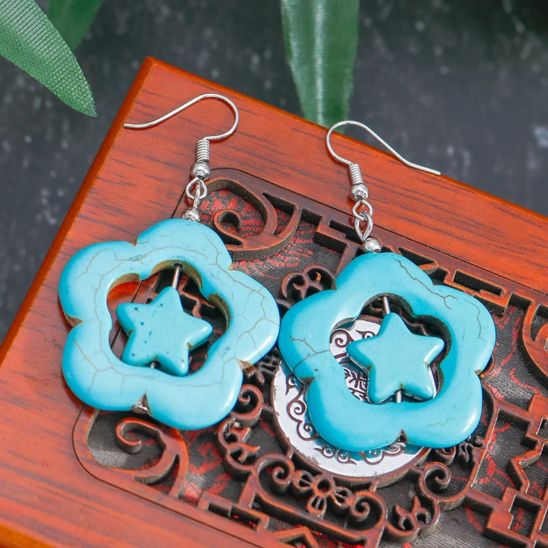 Böhmische türkisfarbene Stern-Tropfenohrringe für Frauen und Mädchen, Party, Urlaub, Schmuck, Geschenke – Detail 7