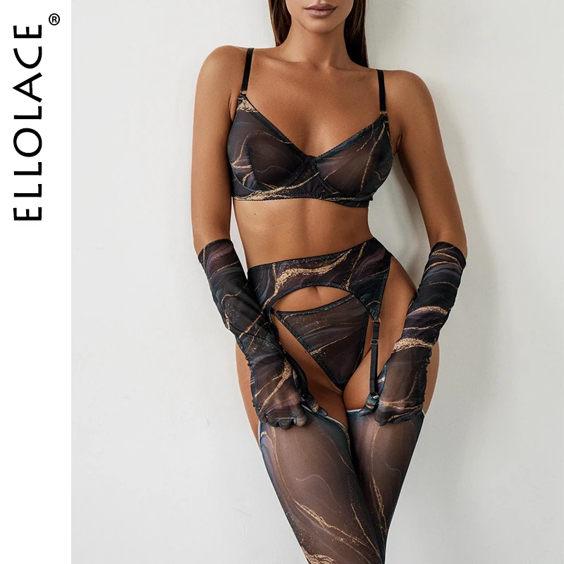 Ellolace Lingerie Sensual Erótica, Tie Dye Lace Underwear com Meia Longas Luvas, Veja Através de Roupas Bilizna, Conjunto Sensual Extravagante