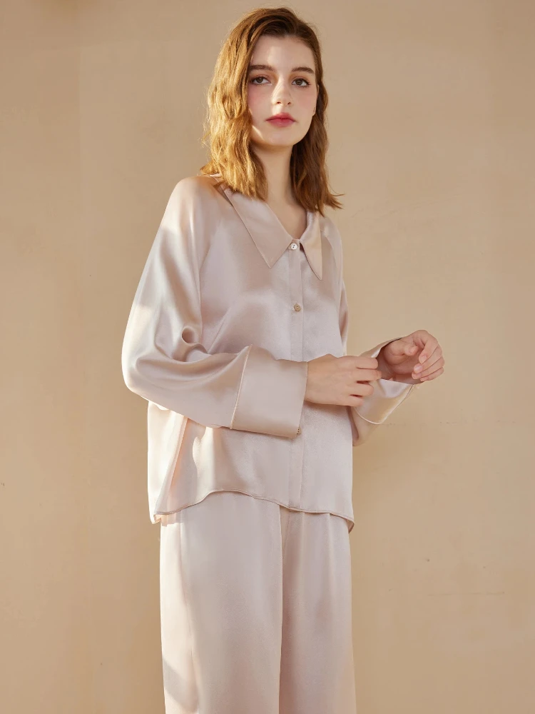 

Женская элегантная пижама из 100% тутового шелка, 19 мм, костюм из 2 предметов, роскошный повседневный кардиган реглан с длинными рукавами, пижамная одежда с лацканами, домашняя одежда