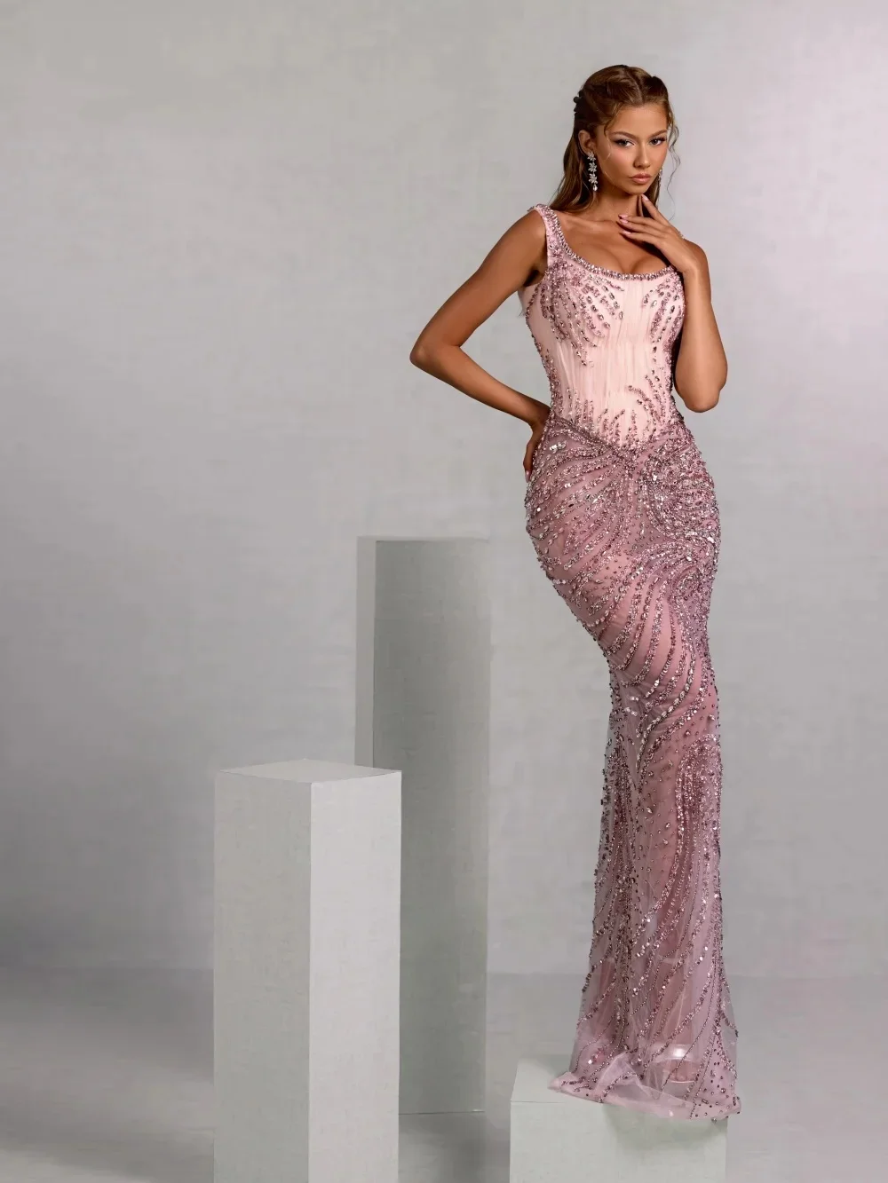 فساتين سهرة براقة من حجر الراين مطرز فستان حفلة موسيقية مع ذيل قابل للانفصال انظر من خلال حورية البحر رداء حفلات Vestidos De Noche