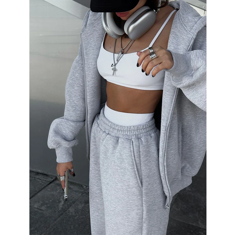 Autumn and Winter Women\'s Hoodie Pants Suit Fashion Street Style Fleece Cardigan Hooded Sweatshirt Warm Loose Sports Pants Set