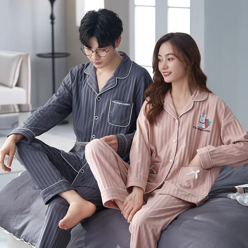 Autumn Couple Pajamas Sets Women\'s Autumn Cotton Men\'s Loungewear Long Sleeve Pants Set Sleepwear Front Button Lapel Casual Home