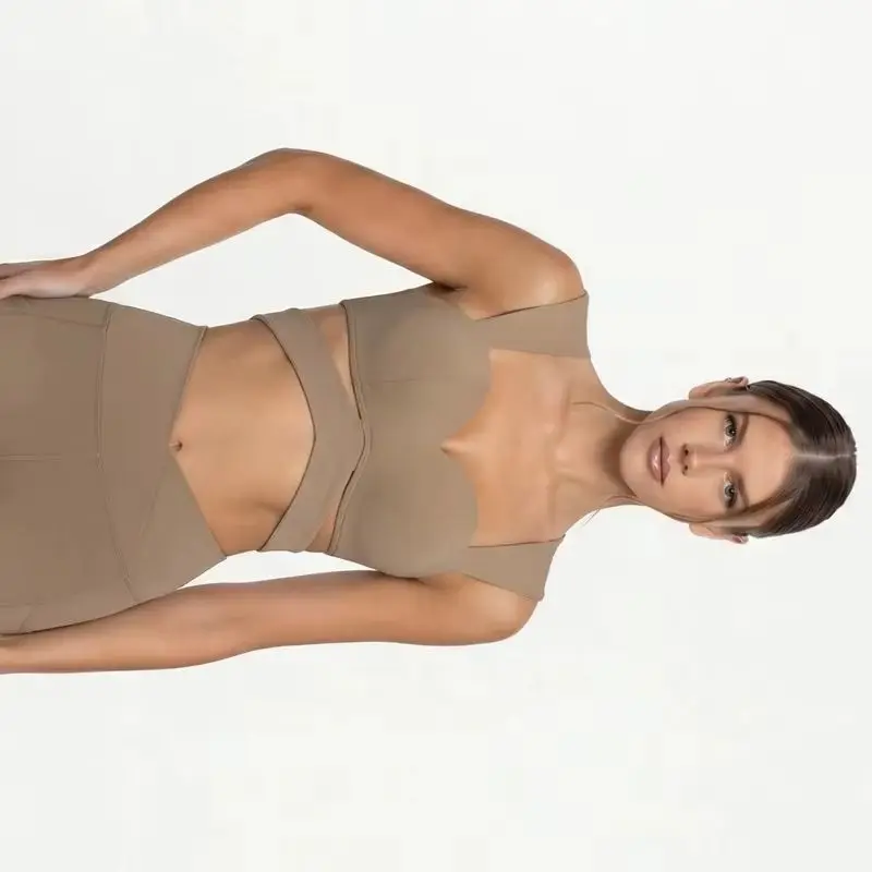 Sports Backless Workout Top With Chest Pads Wide Shoulder Straps Yoga Vest Solid Color Running Fitness High Waist Leggings