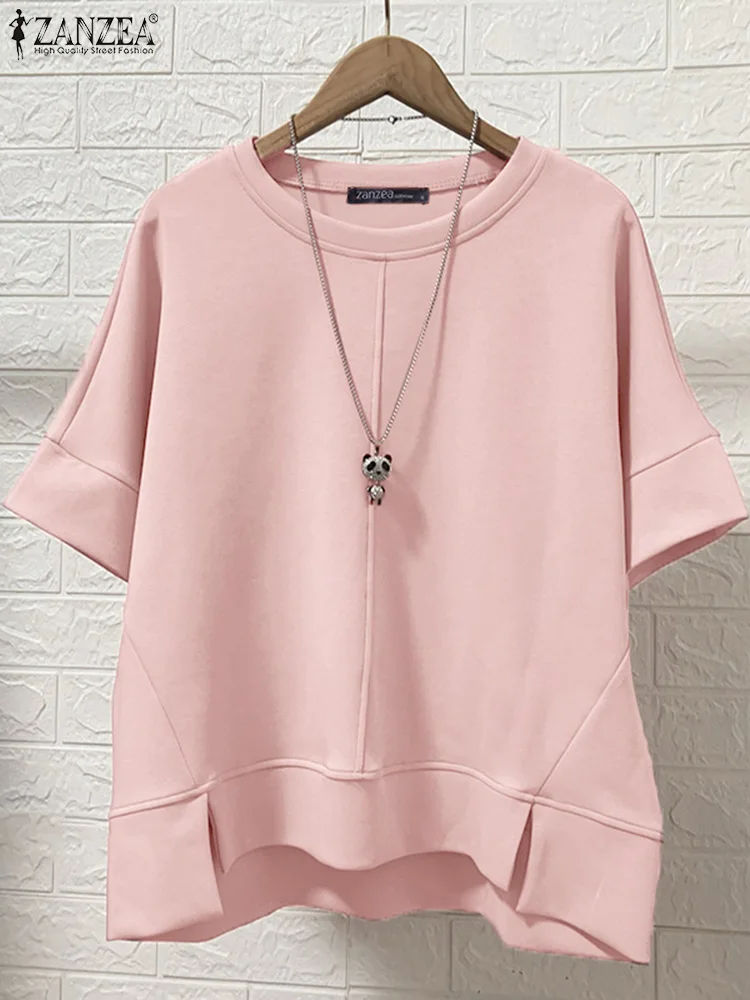 

ZANZEA Streetwear Asymmetrical Hem T-Shirts Women Casual O-Neck Half Sleeve Patchwork Loose Tees Autumn Oversized Solid Tops