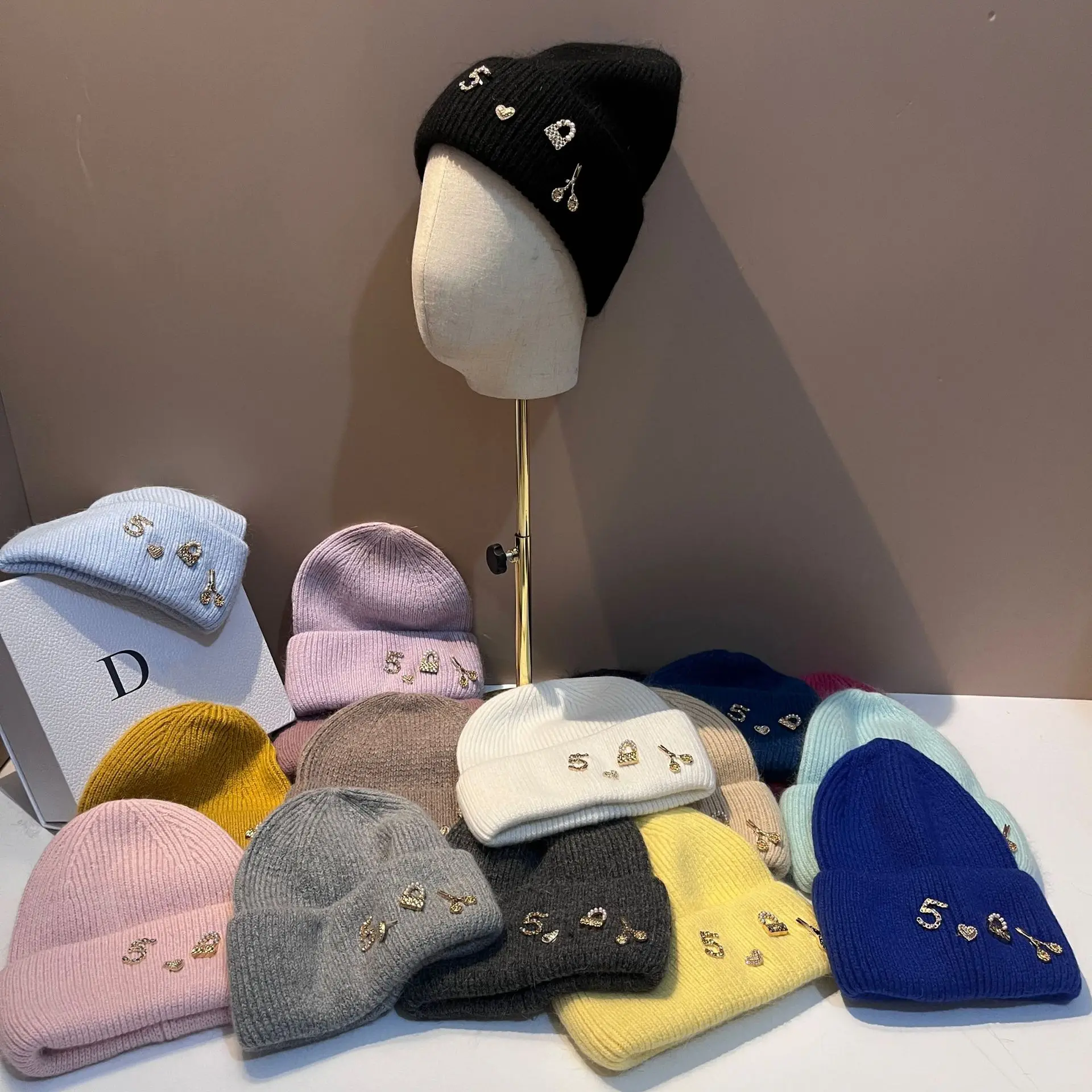 

2025 Rabbit Fur Knit Beanie - Chunky Cable Earflap Hat W/ '5' Embroidery, Korean Winter Fashion