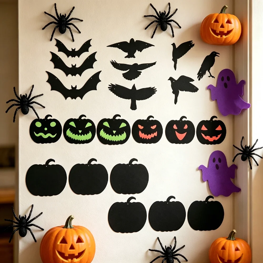 1set Halloween Multi Size Bat Crow Pumpkin Wall Stickers DIY Emoji Plastic Silhouette Hanging Decor Use for Indoor Outdoor Party