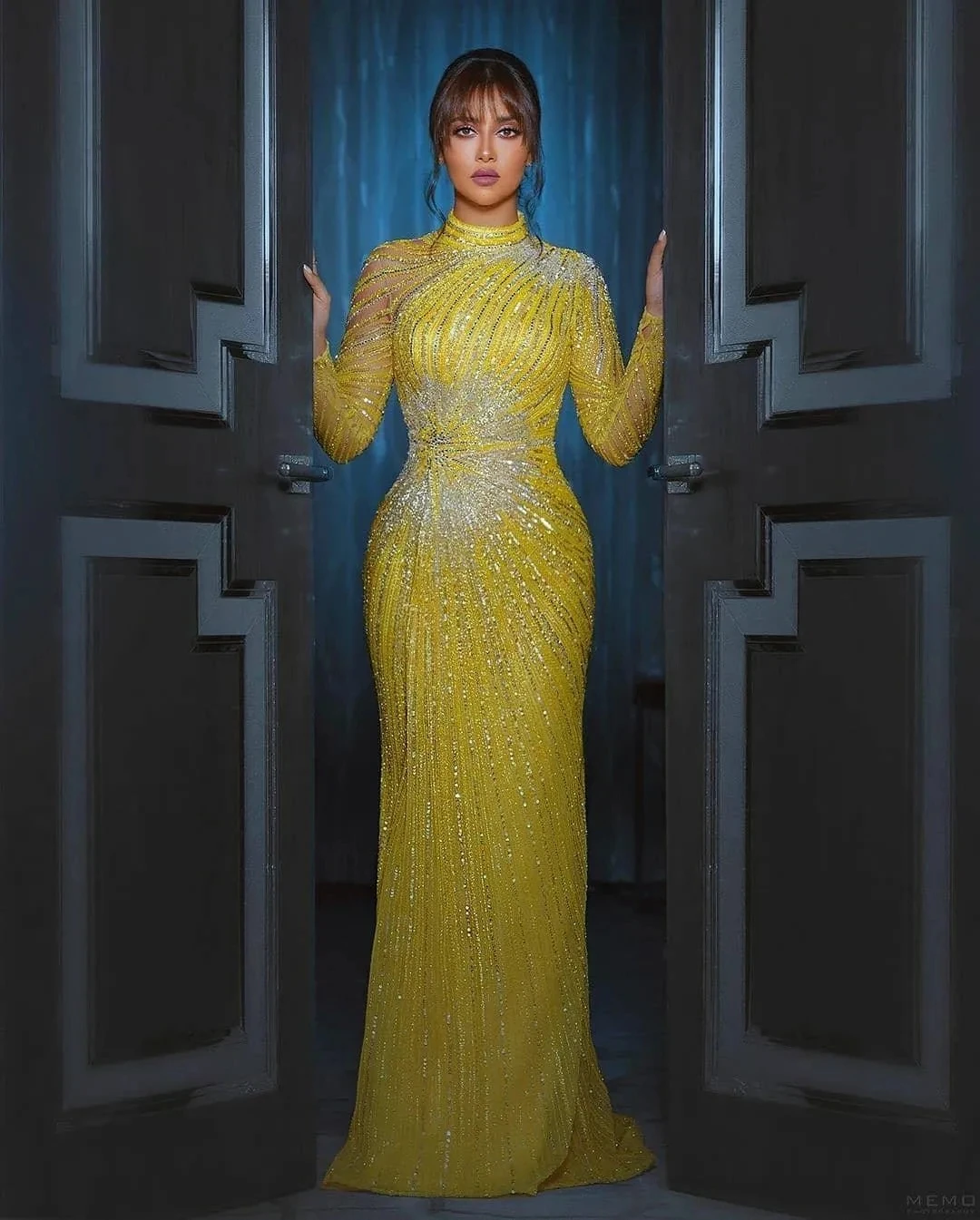 Aso Ebi-Vestidos de Noche de lujo con cuentas de cristales, mangas largas, color amarillo árabe, para fiesta Formal, segunda recepción, 2024