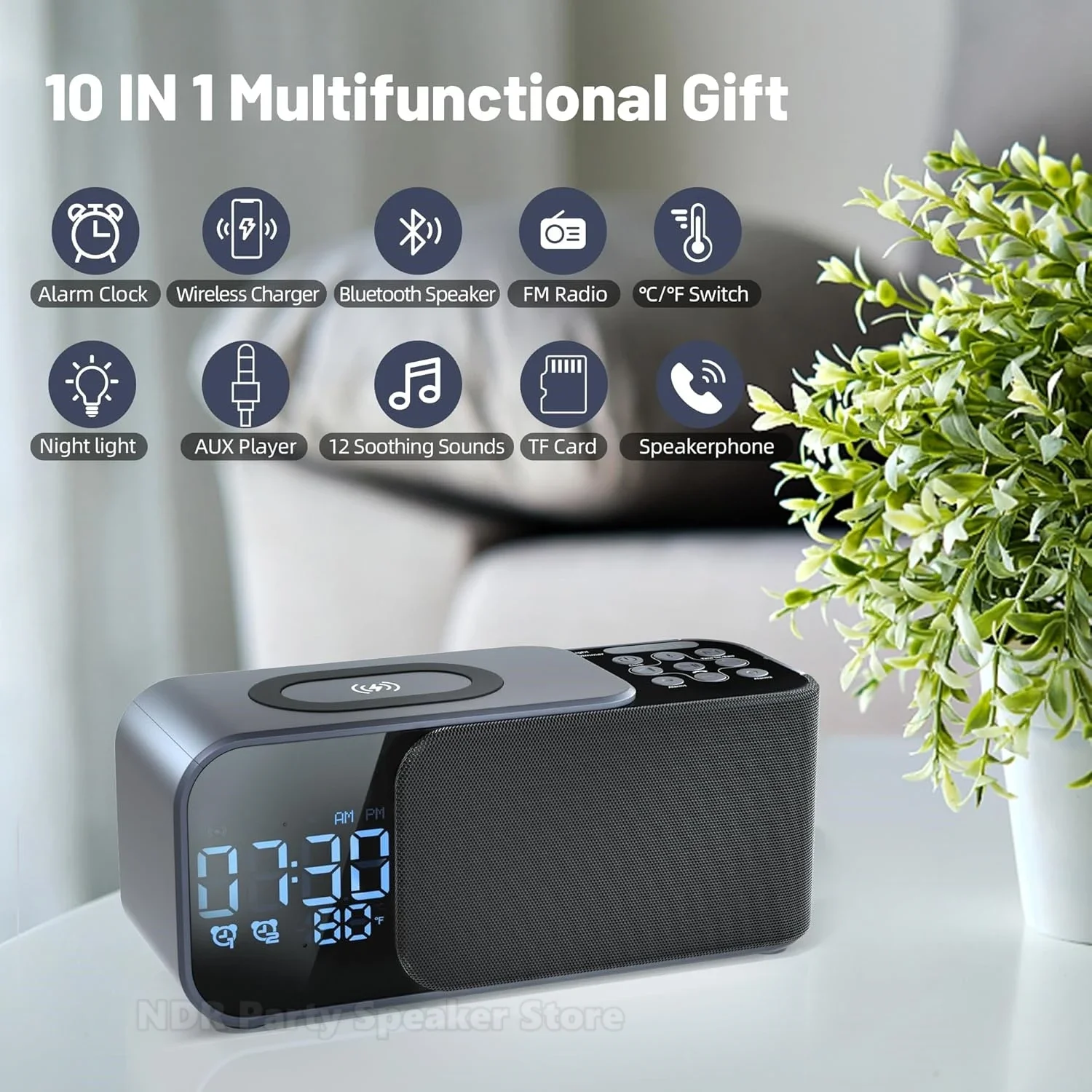 2024 New Qi Wireless Charging Sound Alarm Clock FM Radio Bluetooth Speakers with Nightlight Bedside Sleeping Speaker in Bedroom