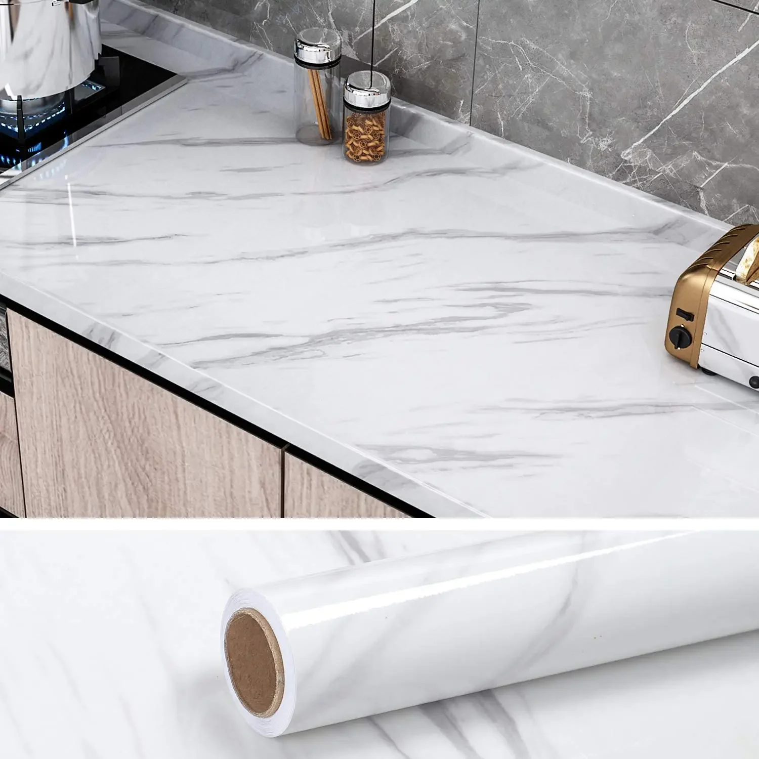 PVC Thickened Waterproof And Oil-proof Marble Wallpaper Self-adhesive Sticker Bathroom Cabinet Cooktop Desktop Decorative Film