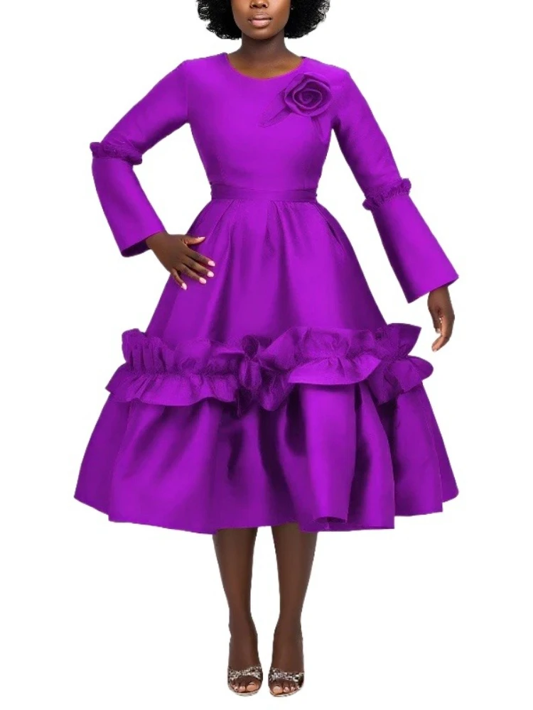 Stylish A Line Dresses for Women O Neck Long Flare Sleeve 3D Flower Ruffles Midi Perfect for Party Weddings and Special Events