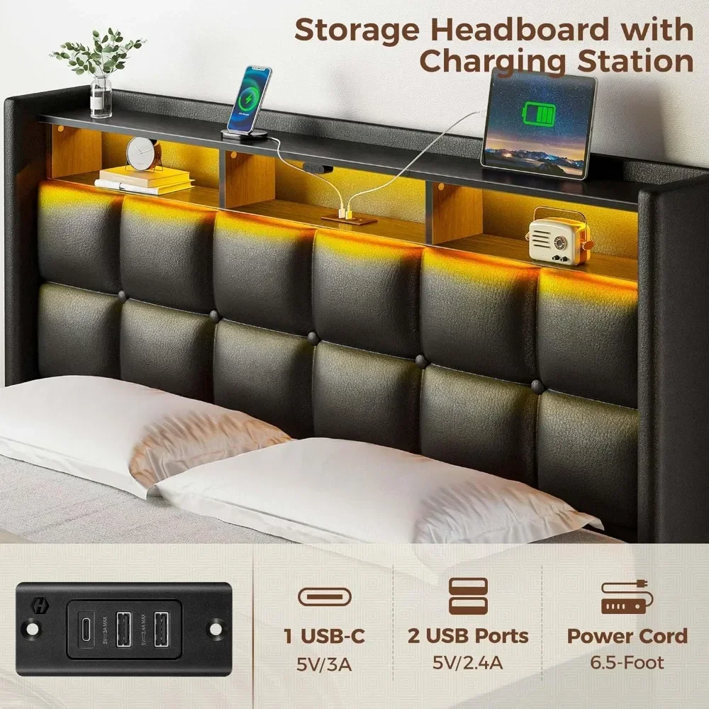 Bed Frame with Lift Up Storage, Charging Station & LED Lights, Upholstered Storage Headboard, Heavy Duty Wooden Slats